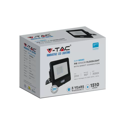 LED reflektor 20W 1510lm 6500K IP65 Fekete tompa, mozgásérzékelővel és CUT-OFF funkcióval Samsung Chip VT-128S-B V-TAC
