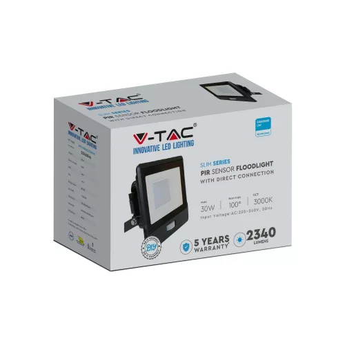 LED reflektor 30W 2340lm 6500K IP65 Fekete tompa, mozgásérzékelővel és CUT-OFF funkcióval Samsung Chip VT-138S-B V-TAC