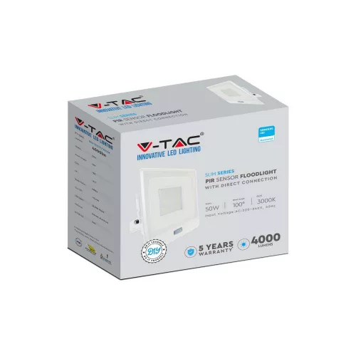LED reflektor 50W 4000lm 3000K IP65 Fehér tompa, mozgásérzékelővel és CUT-OFF funkcióval Samsung Chip VT-158S-W V-TAC