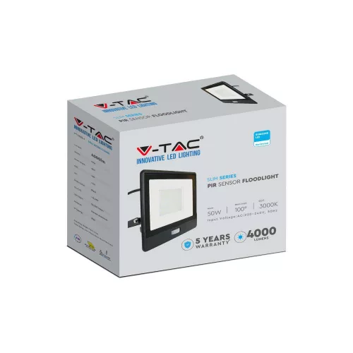 LED reflektor 50W 4000lm 4000K IP65 Fekete mozgásérzékelővel és CUT-OFF funkcióval Samsung Chip VT-158S-1-B V-TAC