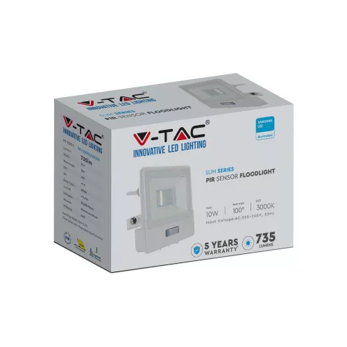 LED reflektor 10W 735lm 6500K IP65 fehér mozgásérzékelővel és CUT-OFF funkcióval Samsung Chip VT-118S-1-W V-TAC