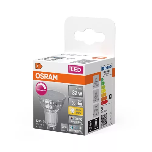 LED izzó PAR16 reflektor GU10 4.1W = 32W 350lm 2700K Meleg CRI90 120° Szabályozható SUPERSTAR Osram