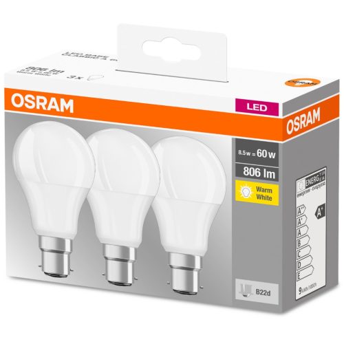 3PAK LED izzó B22d A60 8.5W = 60W 806lm 2700K Meleg 360° OSRAM