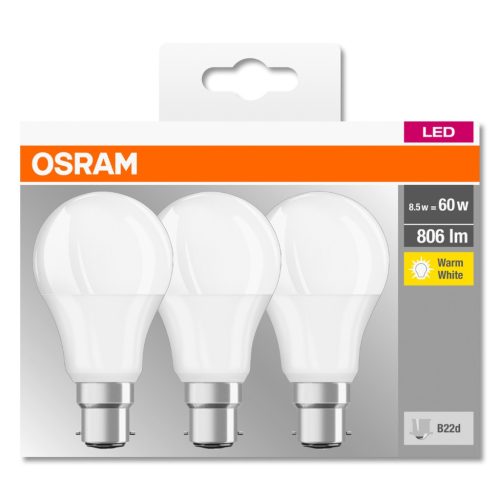 3PAK LED izzó B22d A60 8.5W = 60W 806lm 2700K Meleg 360° OSRAM
