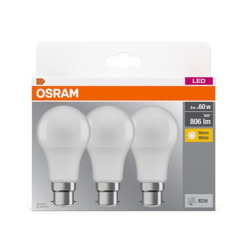3x LED izzó A60 B22d 8W = 60W 806lm 2700K Meleg 150°-os foglalat Osram