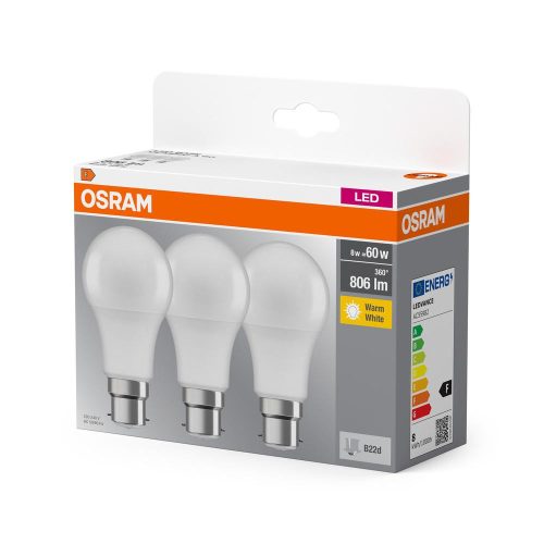 3x LED izzó A60 B22d 8W = 60W 806lm 2700K Meleg 150°-os foglalat Osram
