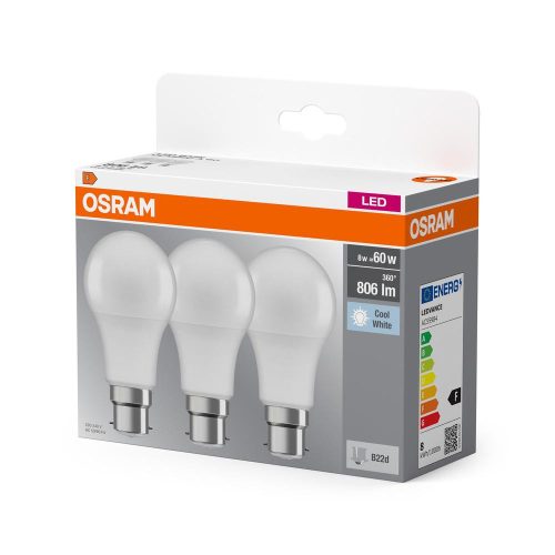 3x LED izzó A60 B22d 8W = 60W 806lm 4000K Semleges 150°-os foglalat Osram