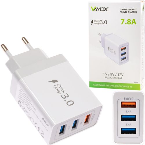 GYORSTÖLTÉS 3.0 + 2x USB 2.4A VAYOX VA0001 GYORS FALI TÖLTŐ