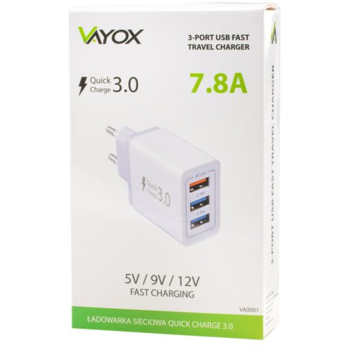 GYORSTÖLTÉS 3.0 + 2x USB 2.4A VAYOX VA0001 GYORS FALI TÖLTŐ