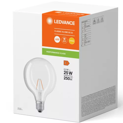 Globe E27 G125 LED izzó 2.5W = 25W 250lm 2700K Meleg 300° Izzószál LEDVANCE